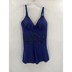 Gorgeous ShapeFX Swimsuit With Skirt Blue Underwire Beaded Embroidery Size 18